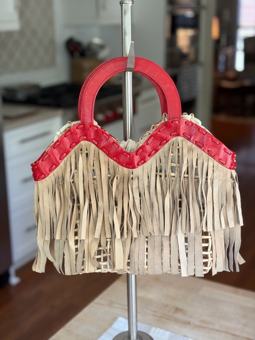 Vintage Serpui Marie Beige Leather Fringe Tote with Red Leather Trim 13.5” x 4”